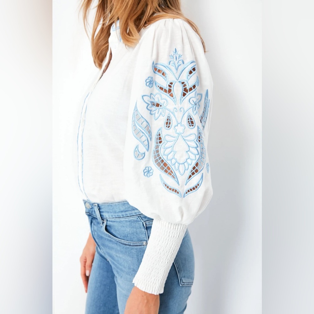The Shirt by Rochelle Behrens White and Blue Embroidered Blouse